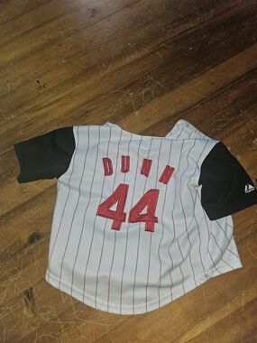 Dunn 44 Kids White & Red Pinstripe Baseball Jersey with Black Sleeves